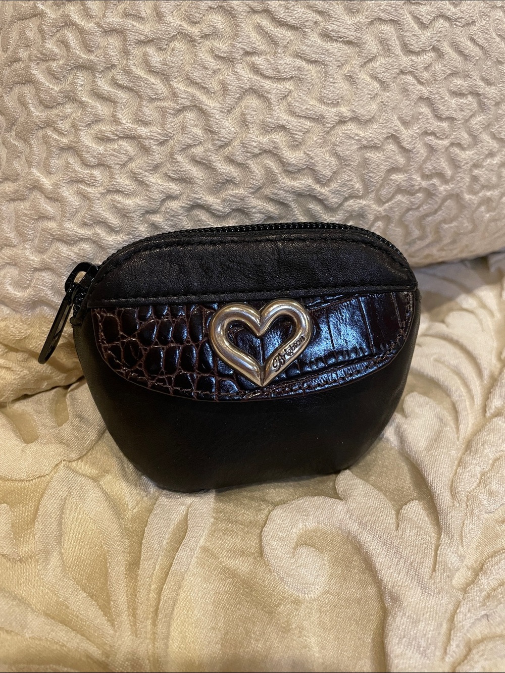 Brighton Black Coin Pouch with Brown Croc Accent and Silver Heart Logo